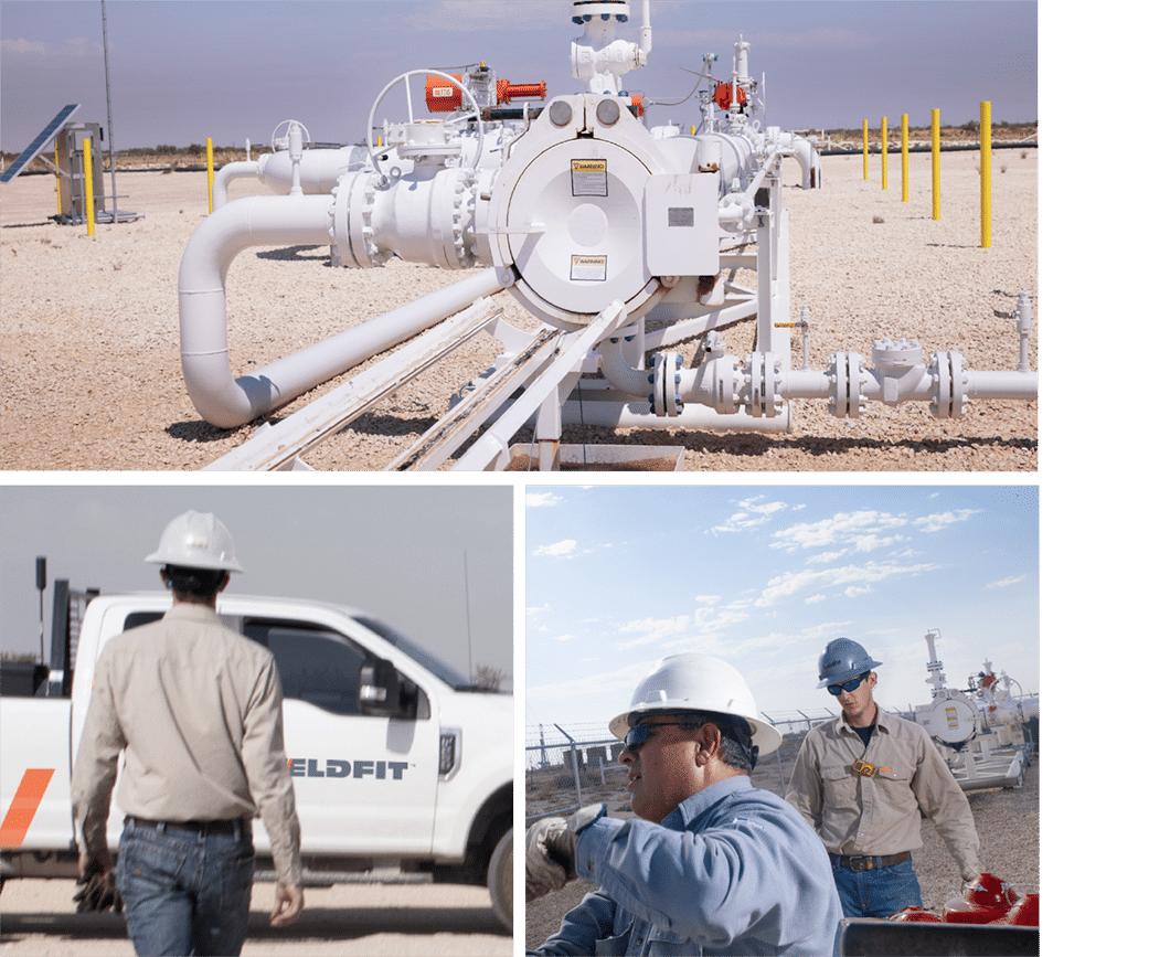 Collage of three images, the top one reflecting a SureLaunch unit in the field, the bottom two of technicians at work.