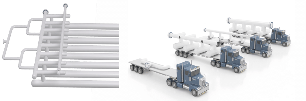 2 image collage, left side depicting an 8 finger slug catcher, right side depicting the modular pieces on trucks for easy transit
