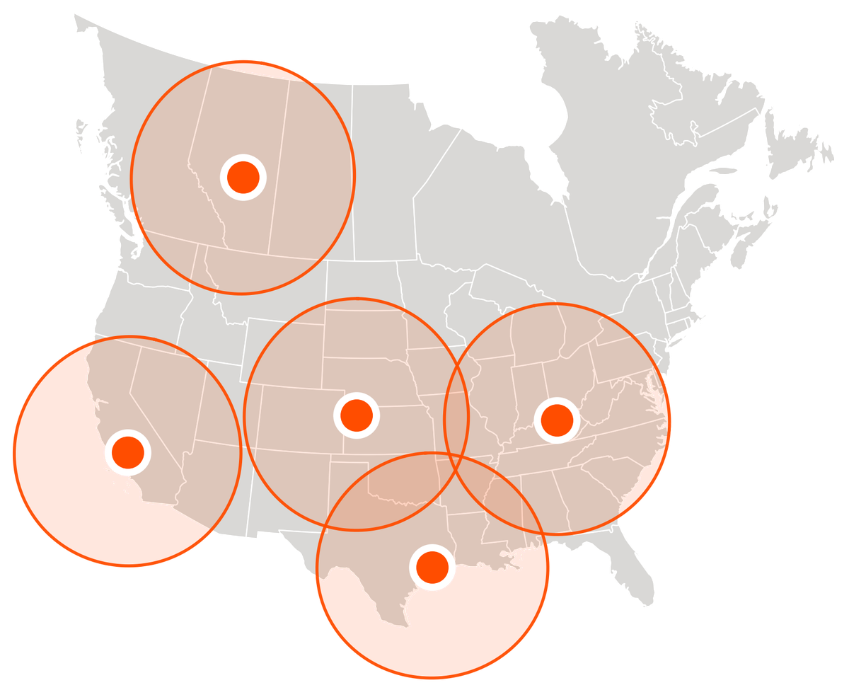 Map of the United States and Canada showing WeldFit compression equipment hubs in California, Kansas, Texas, Kentucky and Acheson, Alberta, each with a 500-mile service radius