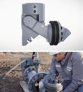 2 images, one of the Dually plugging head and one of a line stop technician maneuvering the line stop head on a job site